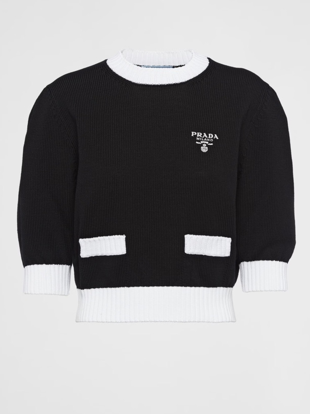 Prada Black Crewneck Sweater with White Trim and Logo